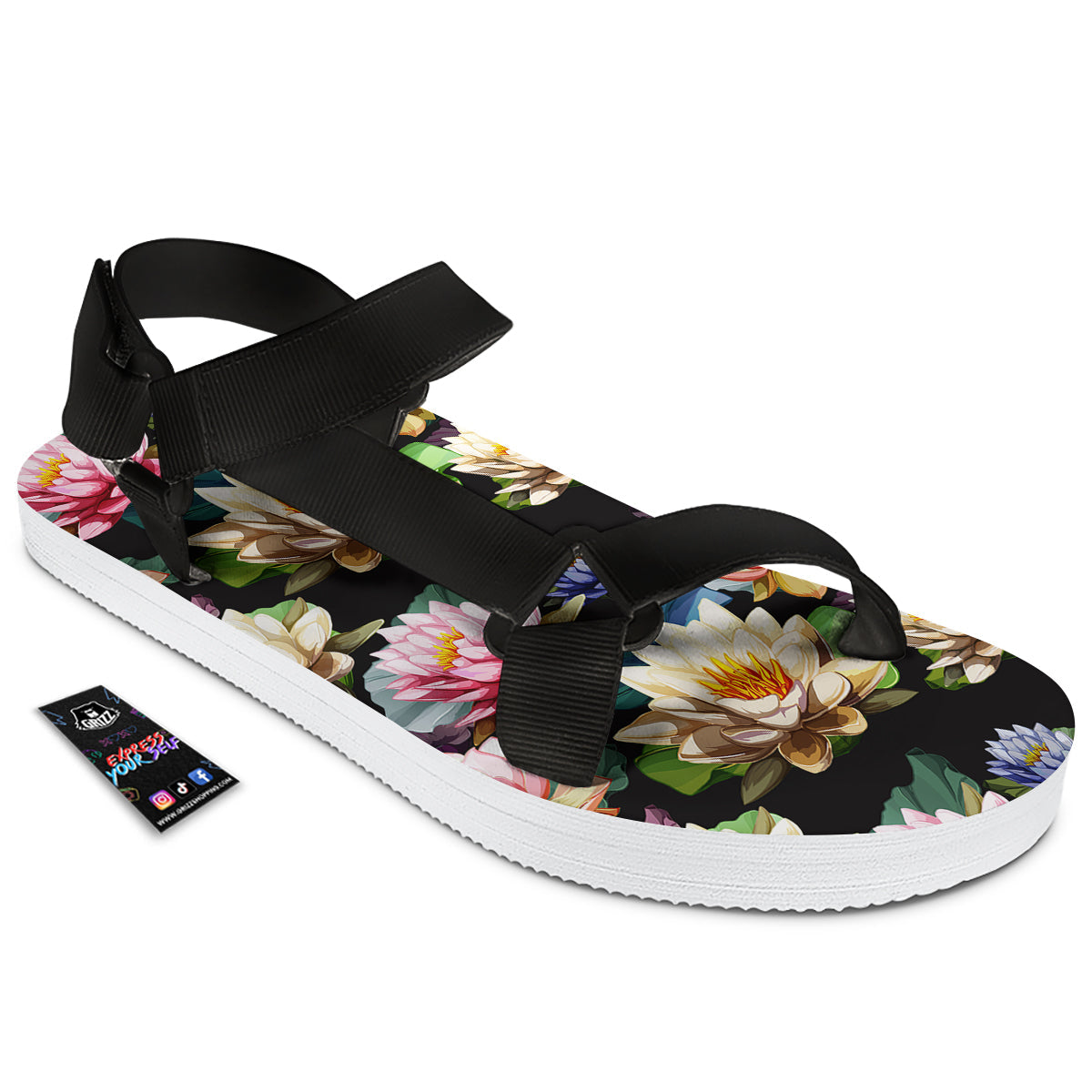 Lotus Vintage Print Pattern Black Open Toe Sandals-grizzshop