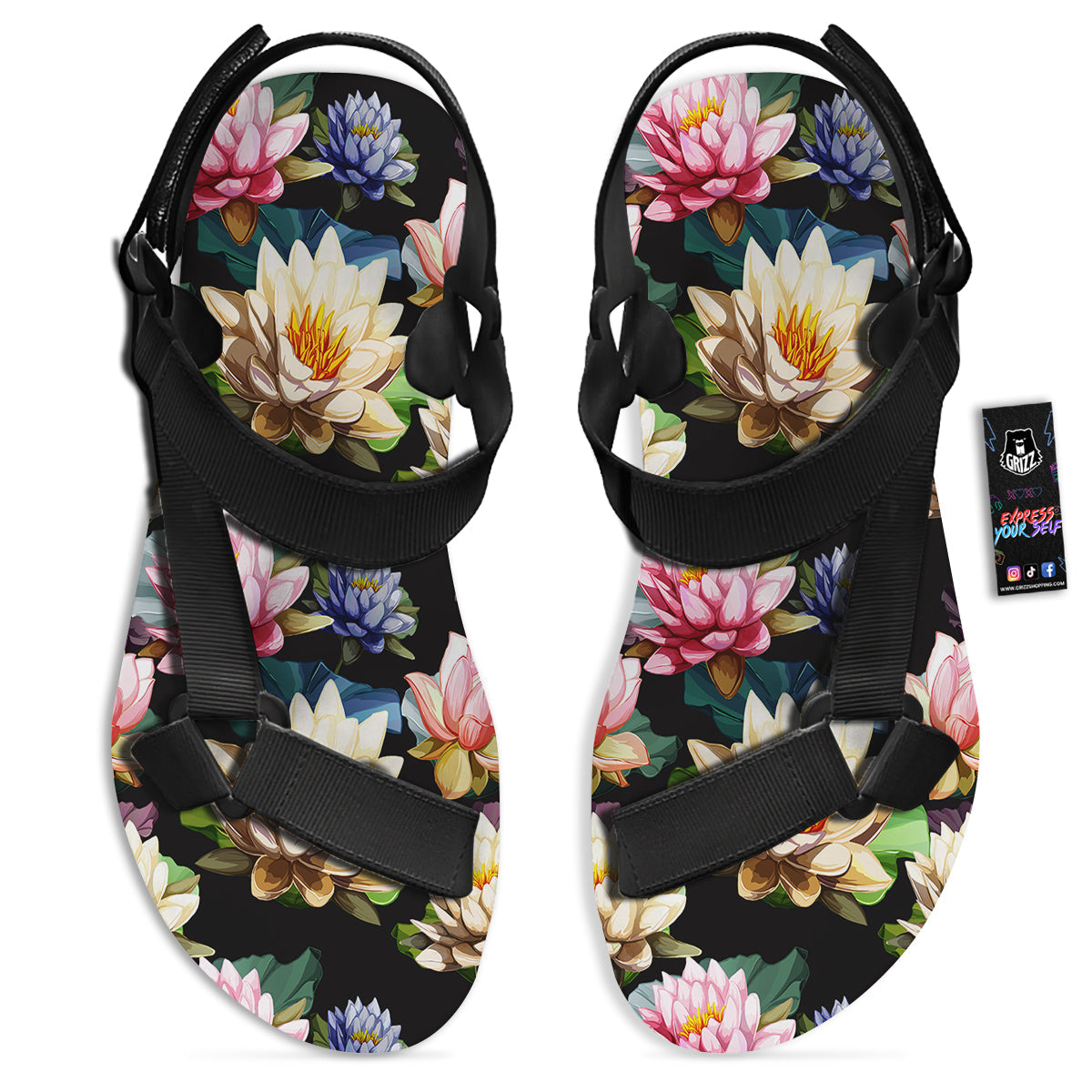 Lotus Vintage Print Pattern Black Open Toe Sandals-grizzshop