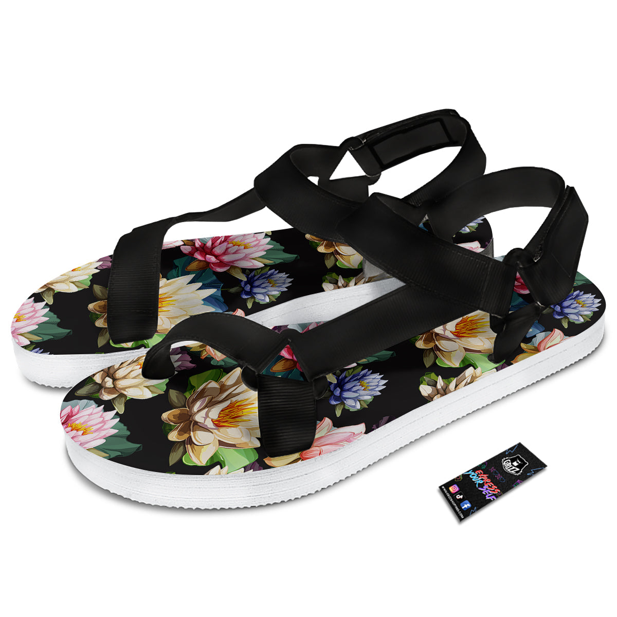 Lotus Vintage Print Pattern Black Open Toe Sandals-grizzshop