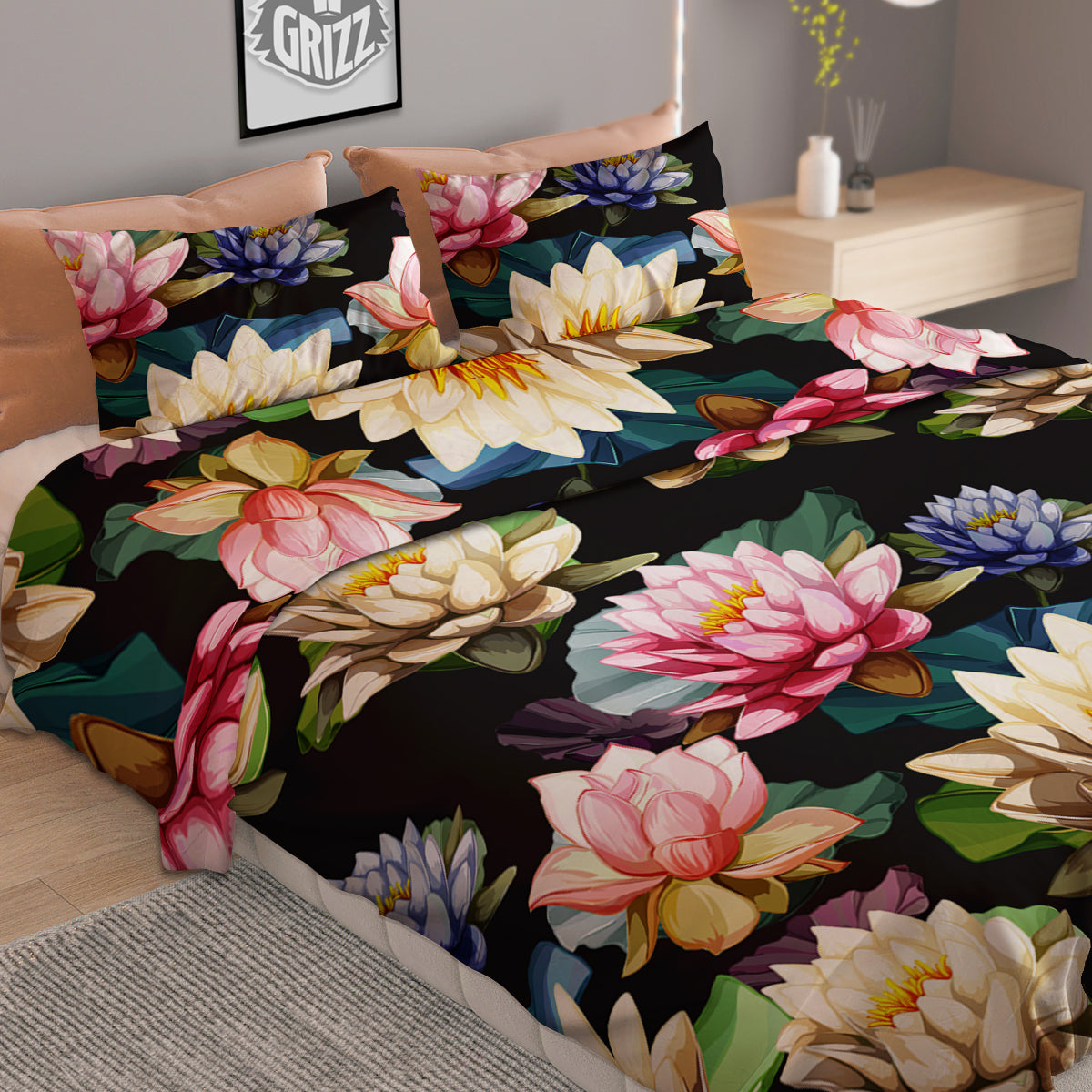 Lotus Vintage Print Pattern Duvet Cover Bedding Set