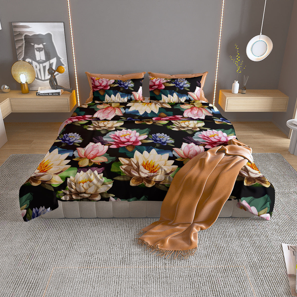Lotus Vintage Print Pattern Duvet Cover Bedding Set