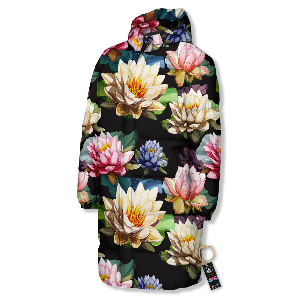Lotus Vintage Print Pattern Long Down Jacket-grizzshop