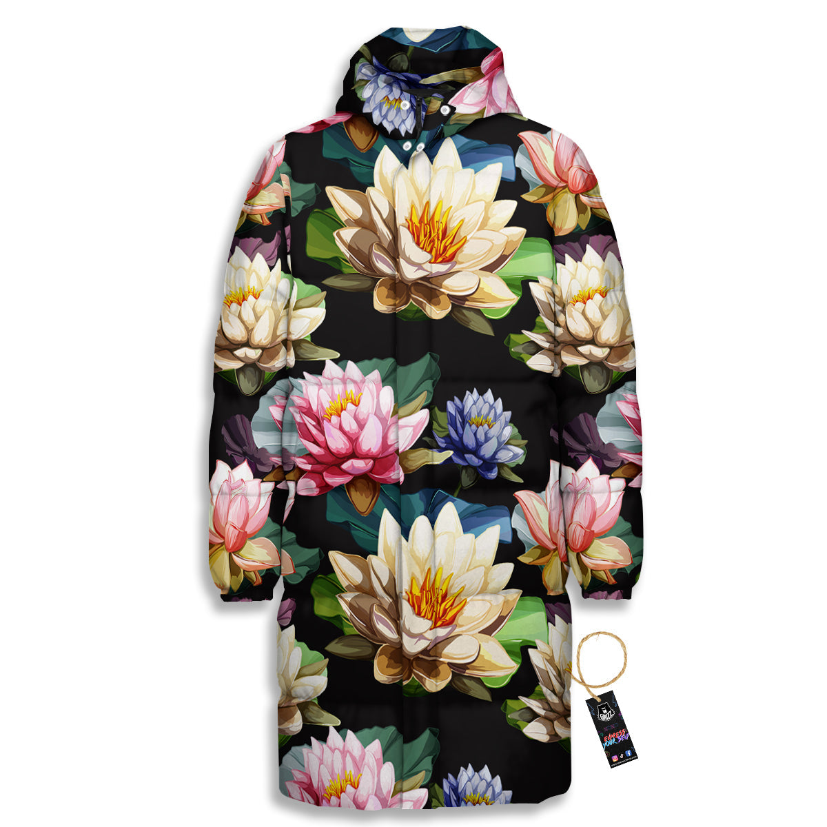 Lotus Vintage Print Pattern Long Down Jacket-grizzshop