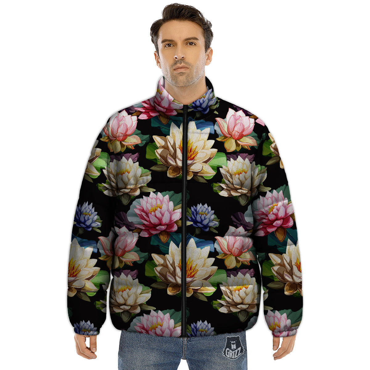 Lotus Vintage Print Pattern Puffer Jacket-grizzshop