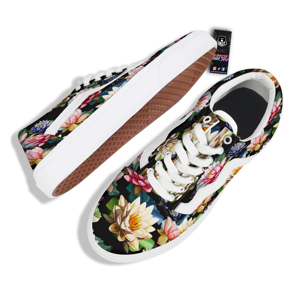 Lotus Vintage Print Pattern Skate Shoes-grizzshop