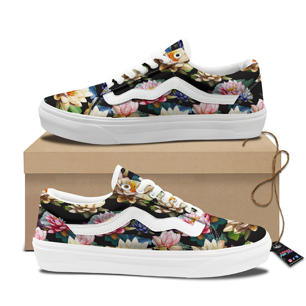 Lotus Vintage Print Pattern Skate Shoes-grizzshop