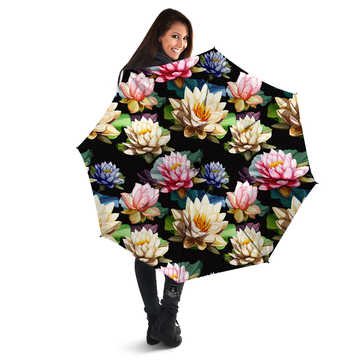 Lotus Vintage Print Pattern Umbrella-grizzshop