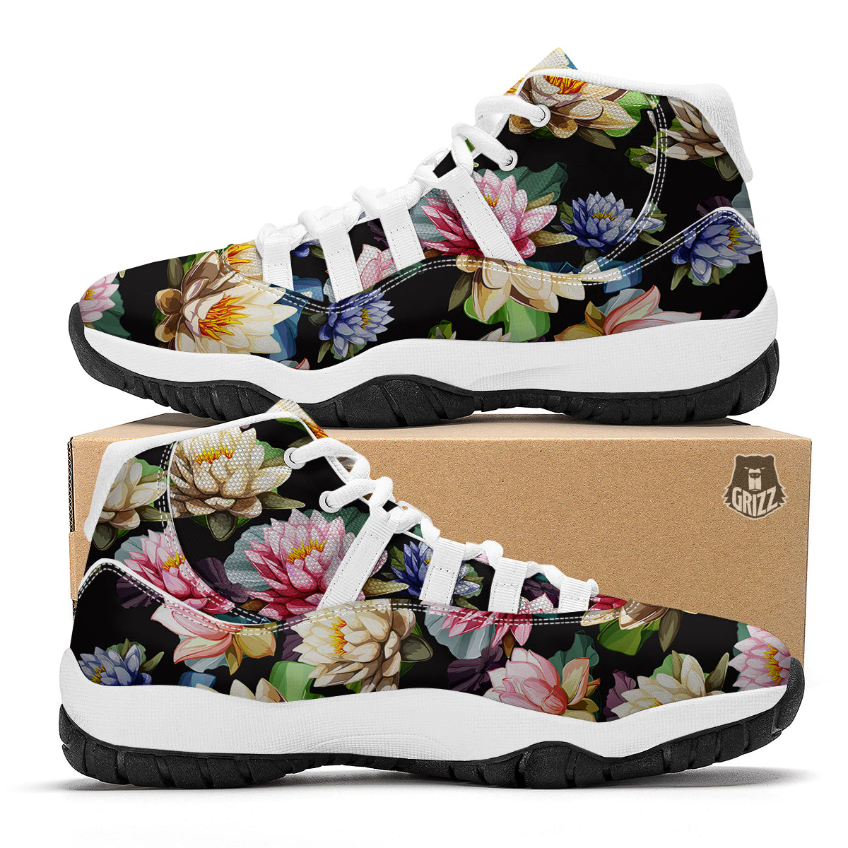Lotus Vintage Print Pattern White Bball Shoes-grizzshop