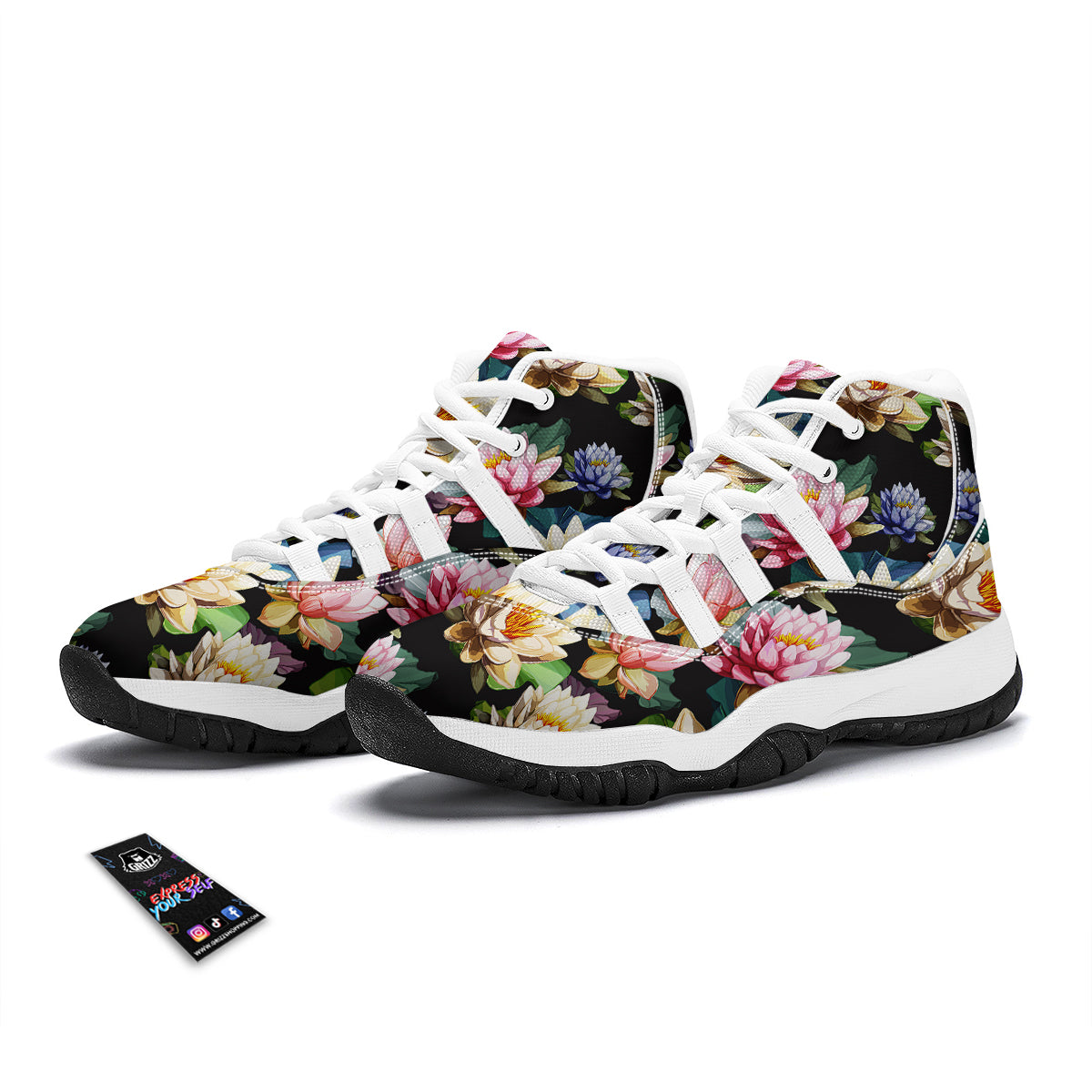 Lotus Vintage Print Pattern White Bball Shoes-grizzshop