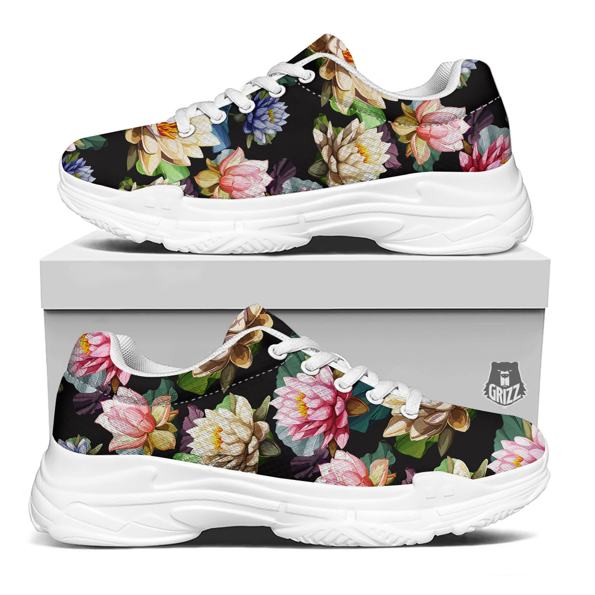 Lotus Vintage Print Pattern White Chunky Shoes-grizzshop