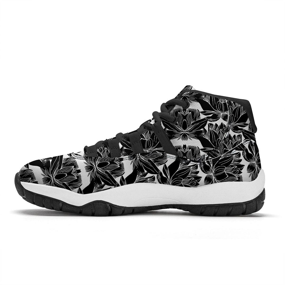 Lotus White And Black Print Pattern Black Bball Shoes-grizzshop