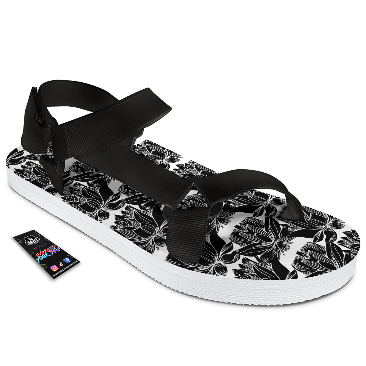 Lotus White And Black Print Pattern Black Open Toe Sandals-grizzshop