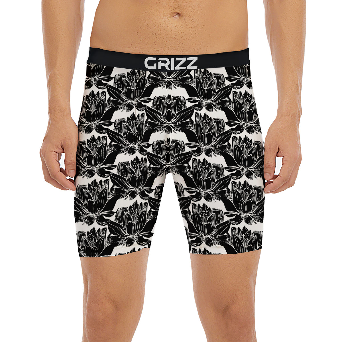 Lotus White And Black Print Pattern Boxer Briefs-grizzshop