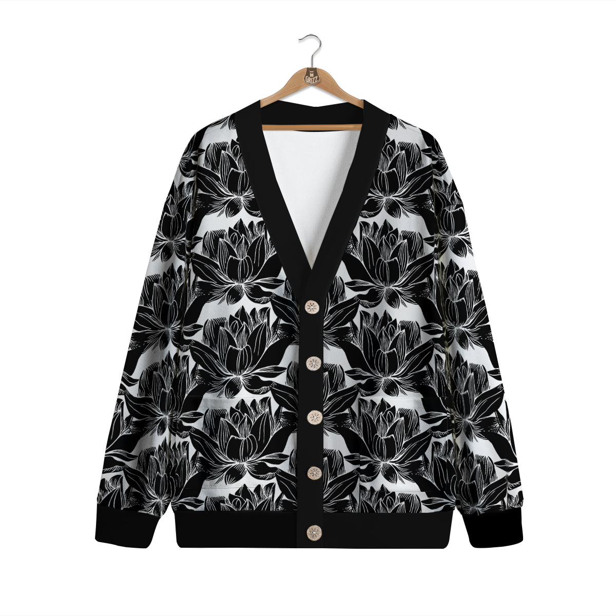 Lotus White And Black Print Pattern Cardigan-grizzshop