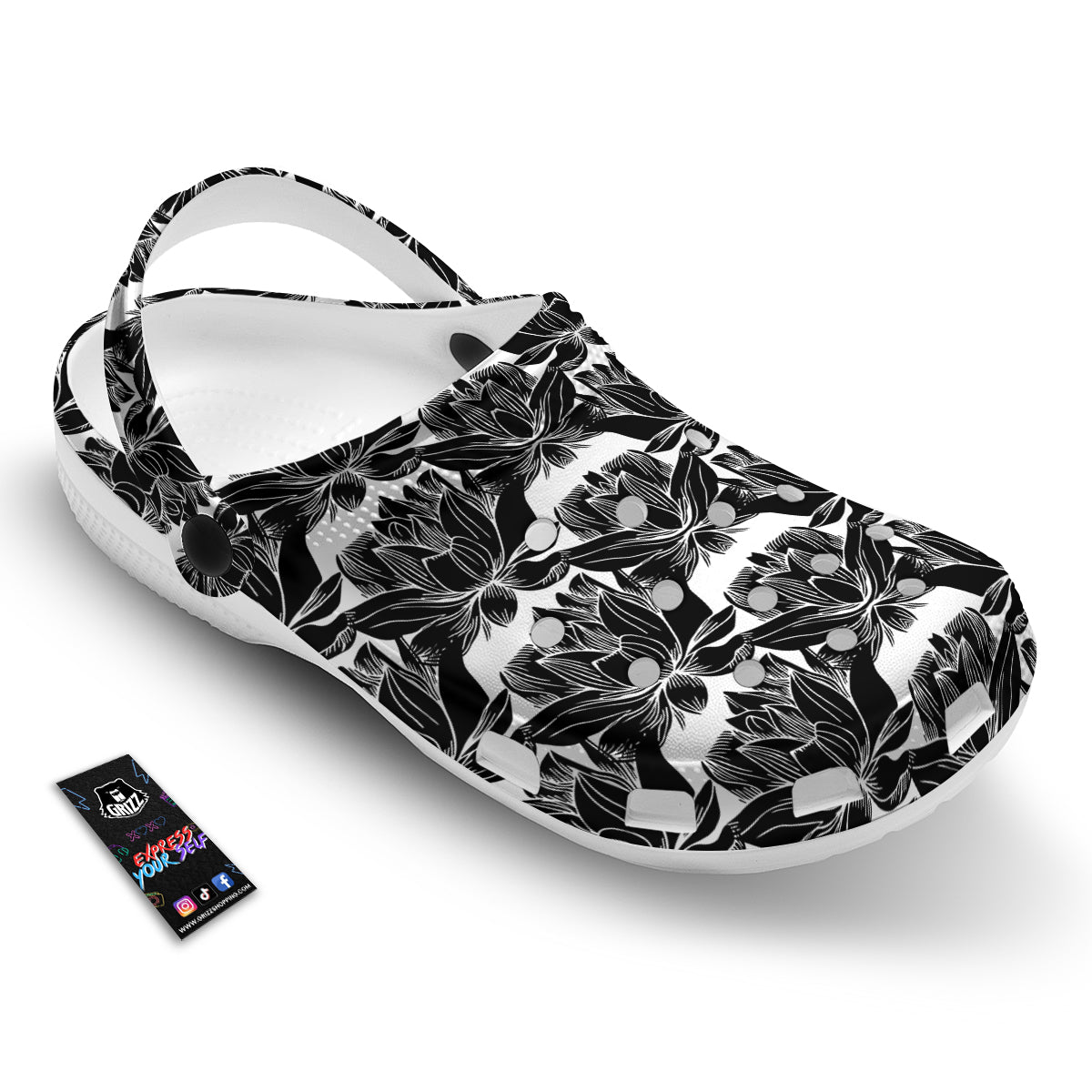 Lotus White And Black Print Pattern Clog-grizzshop