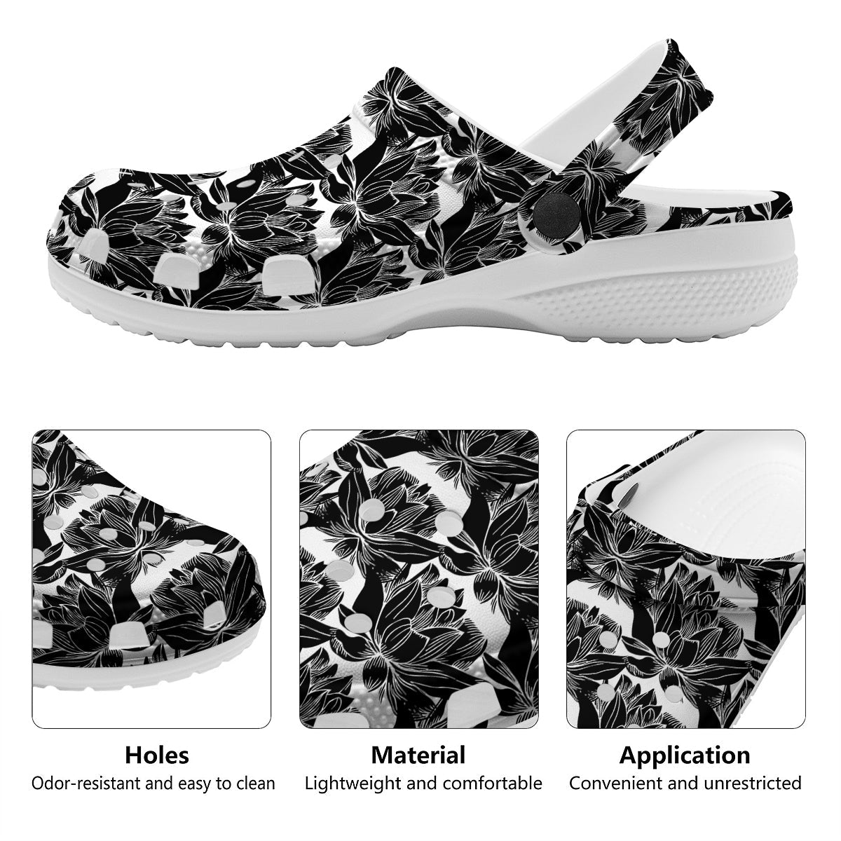 Lotus White And Black Print Pattern Clog-grizzshop