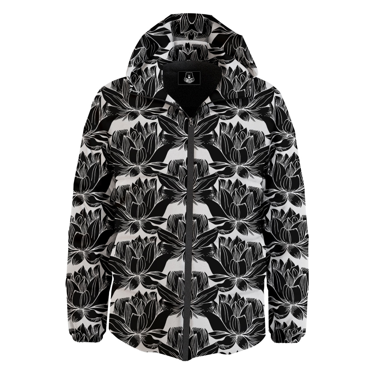 Lotus White And Black Print Pattern Down Jacket-grizzshop