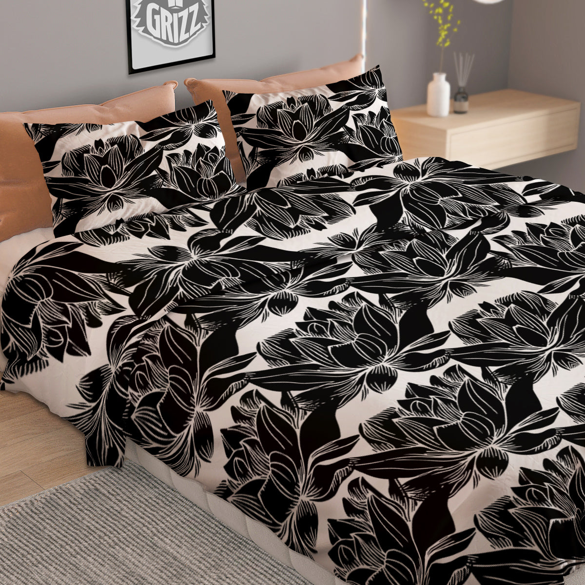 Lotus White And Black Print Pattern Duvet Cover Bedding Set