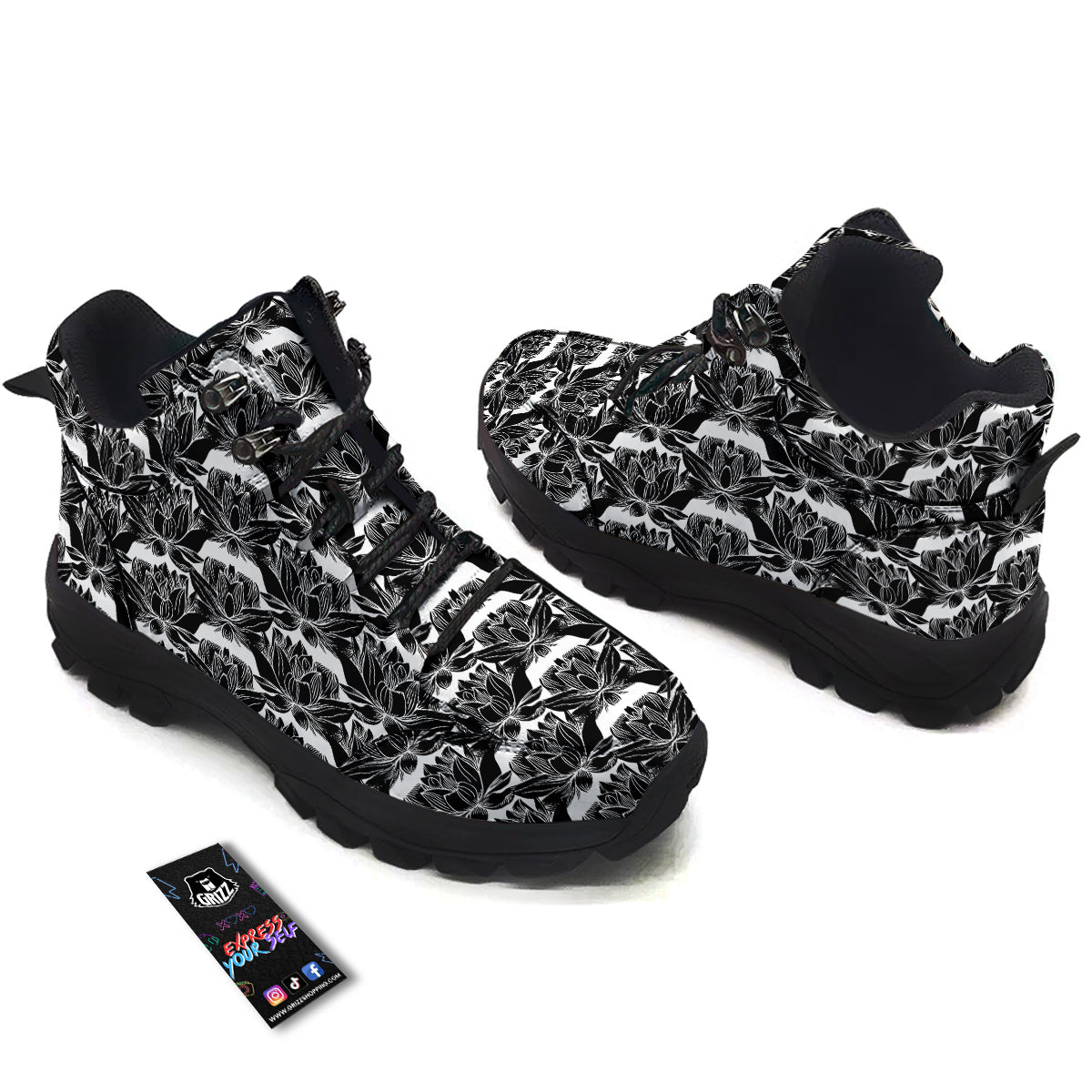 Lotus White And Black Print Pattern Hiking Shoes-grizzshop