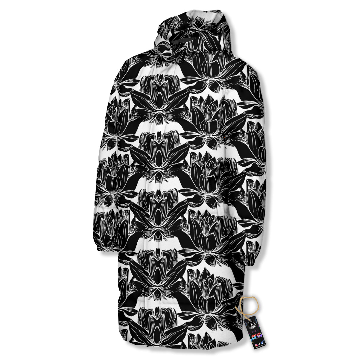 Lotus White And Black Print Pattern Long Down Jacket-grizzshop