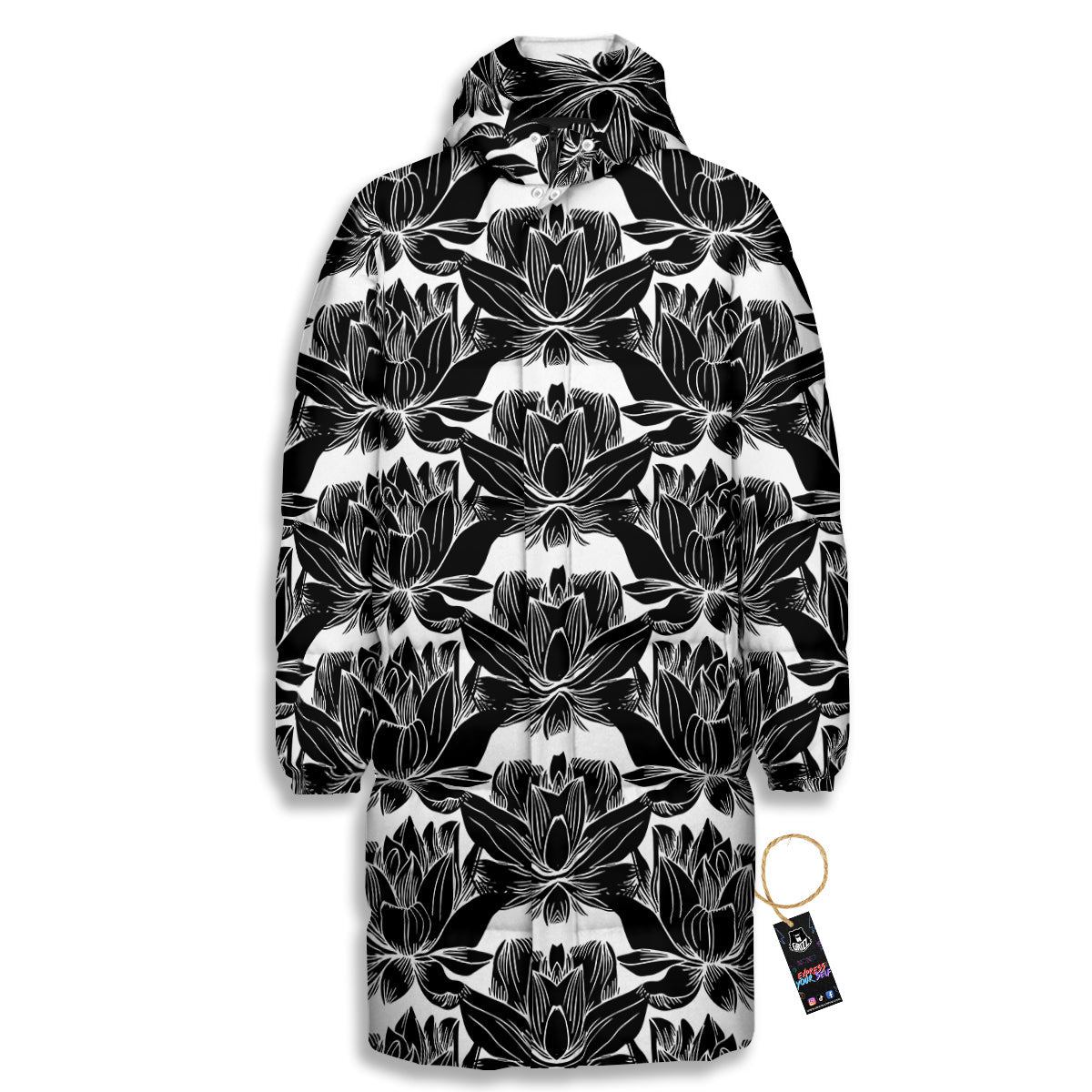 Lotus White And Black Print Pattern Long Down Jacket-grizzshop
