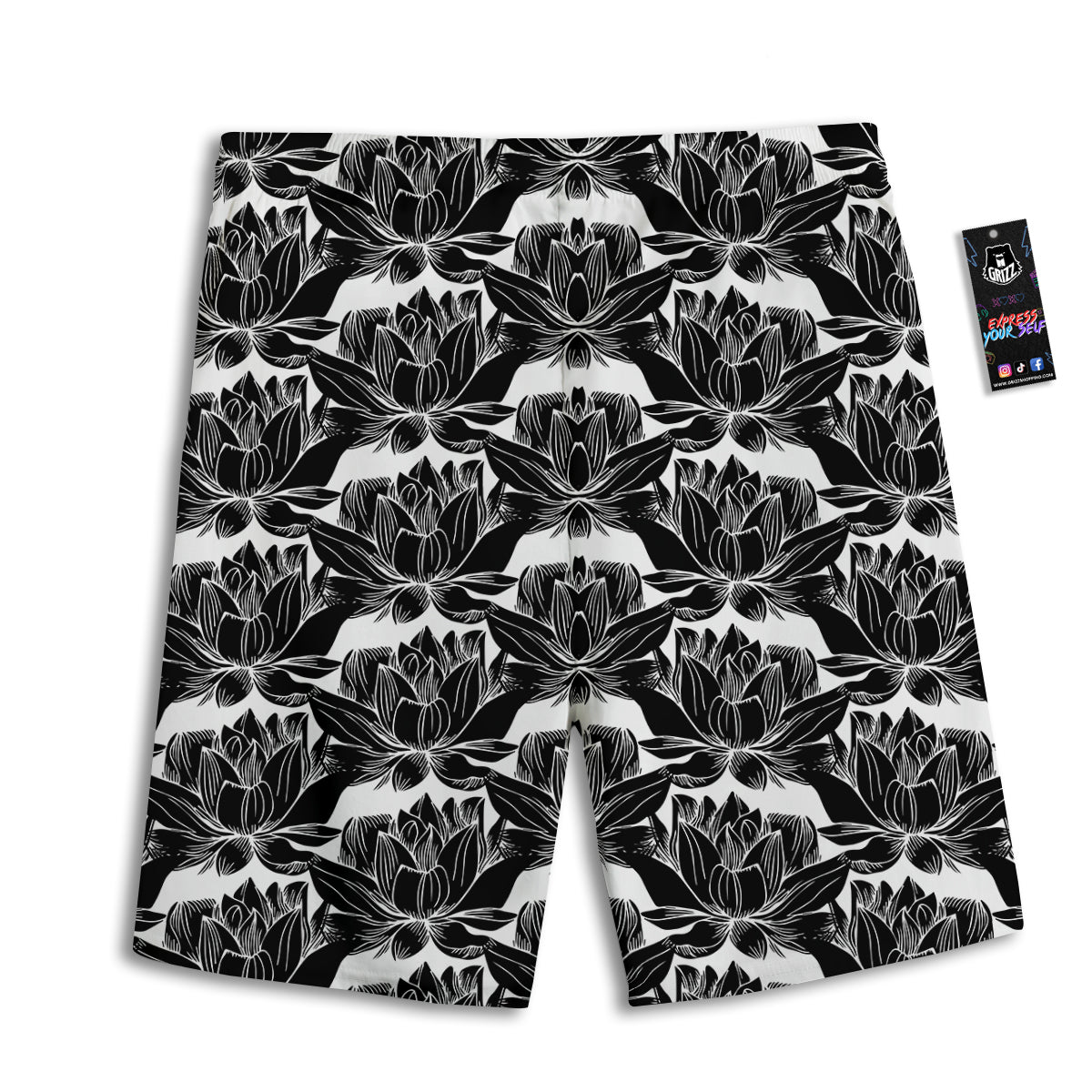 Lotus White And Black Print Pattern Men's Athletic Shorts