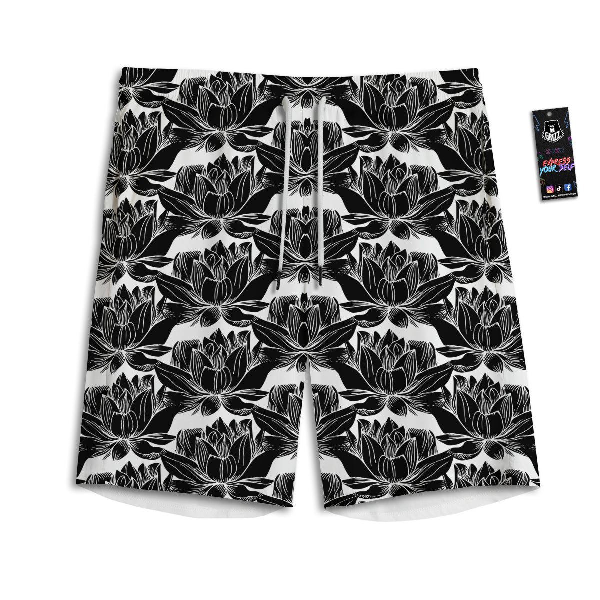 Lotus White And Black Print Pattern Men's Athletic Shorts