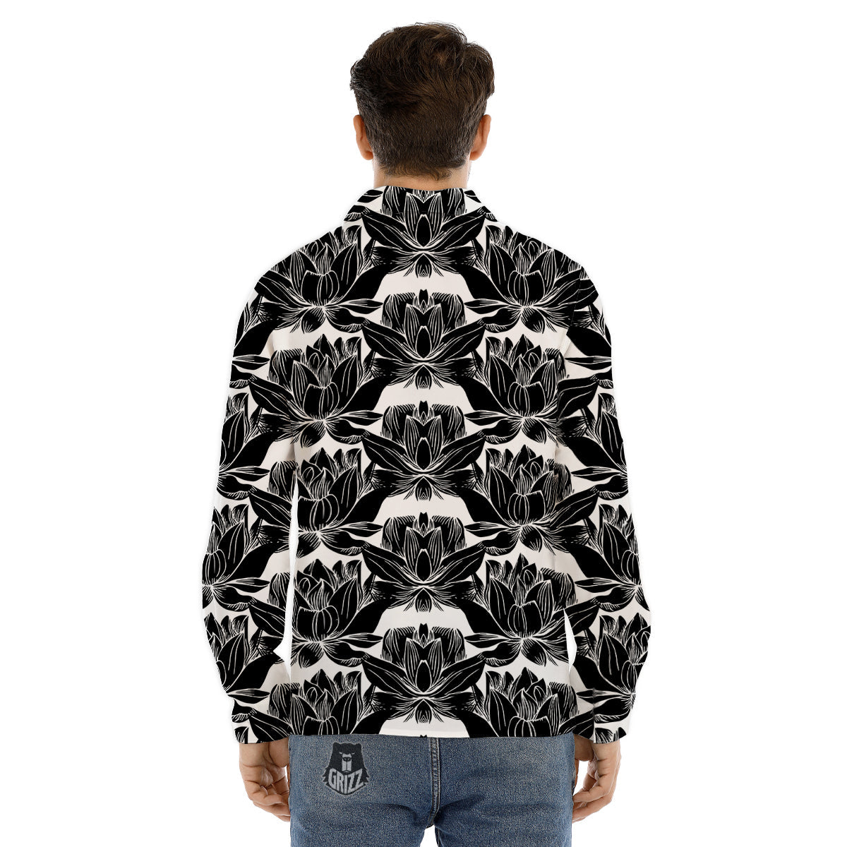 Lotus White And Black Print Pattern Men's Dress Shirts-grizzshop