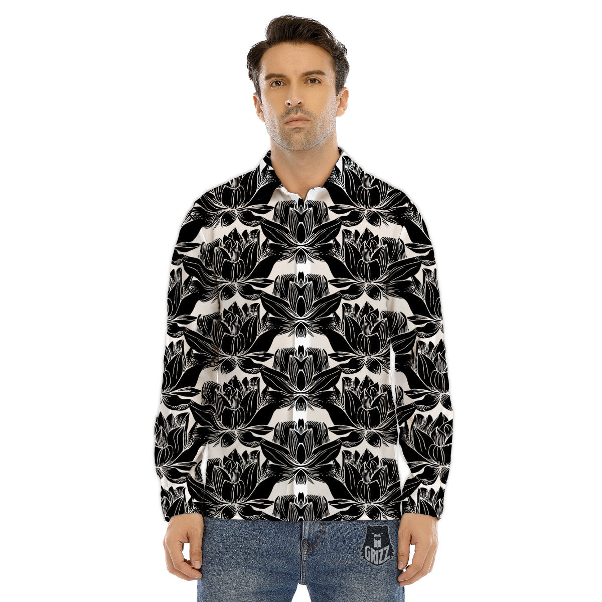 Lotus White And Black Print Pattern Men's Dress Shirts-grizzshop