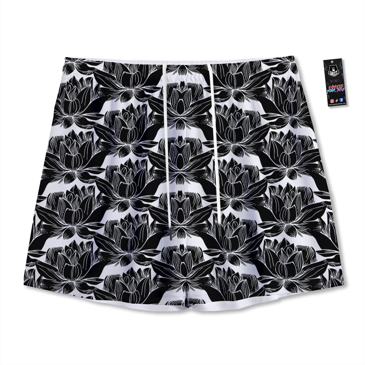 Lotus White And Black Print Pattern Mesh Shorts