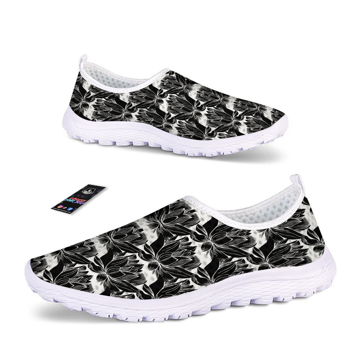 Lotus White And Black Print Pattern Nurse Shoes-grizzshop