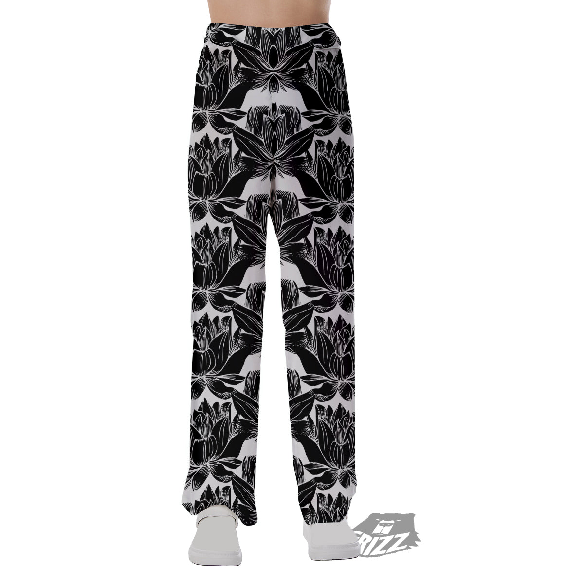 Lotus White And Black Print Pattern Pajama Pants-grizzshop