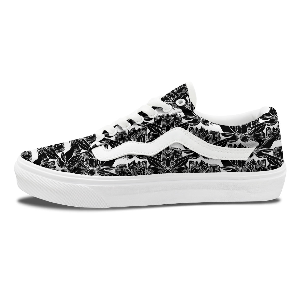 Lotus White And Black Print Pattern Skate Shoes-grizzshop