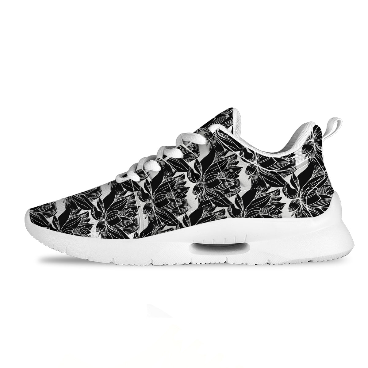 Lotus White And Black Print Pattern Tennis Shoes-grizzshop