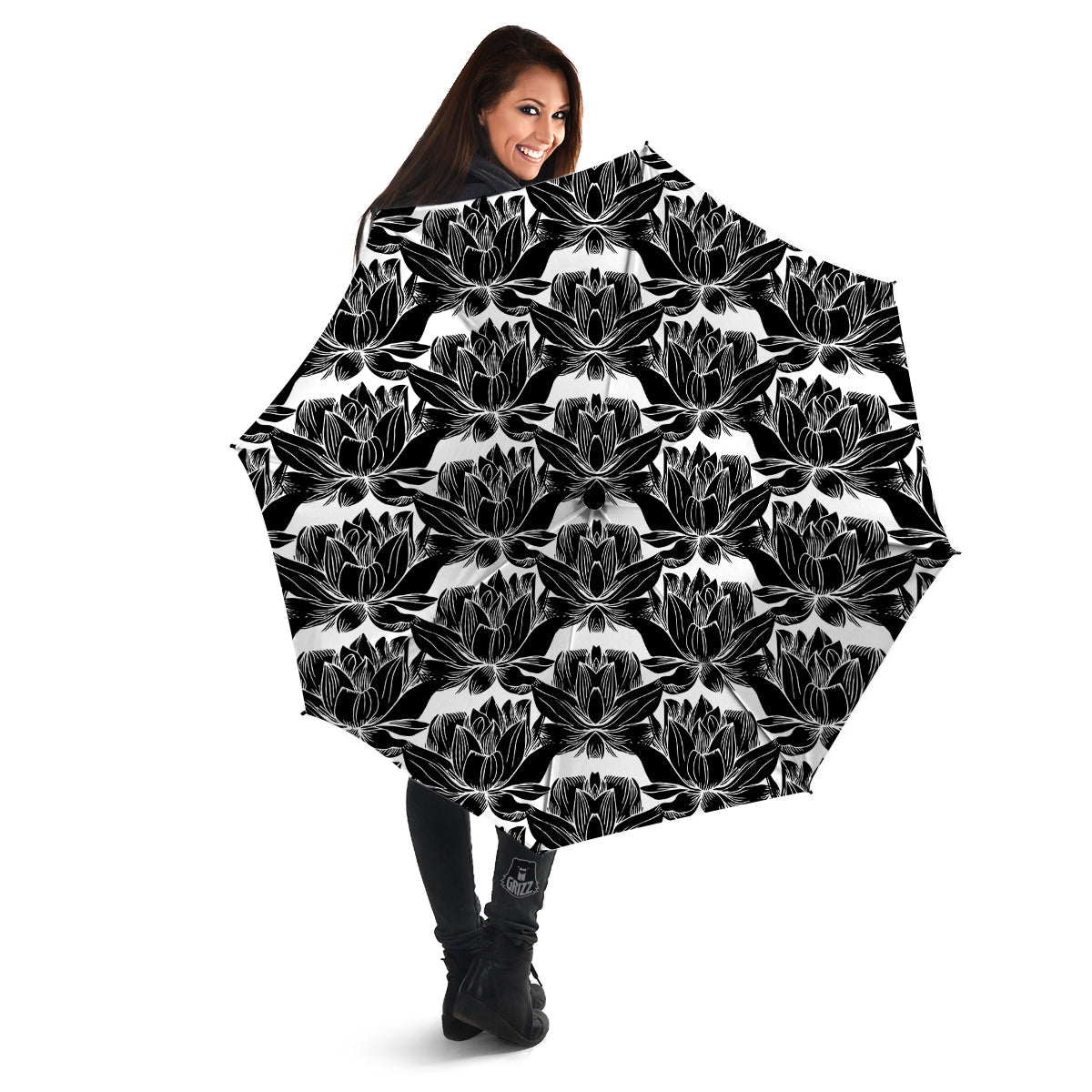 Lotus White And Black Print Pattern Umbrella-grizzshop