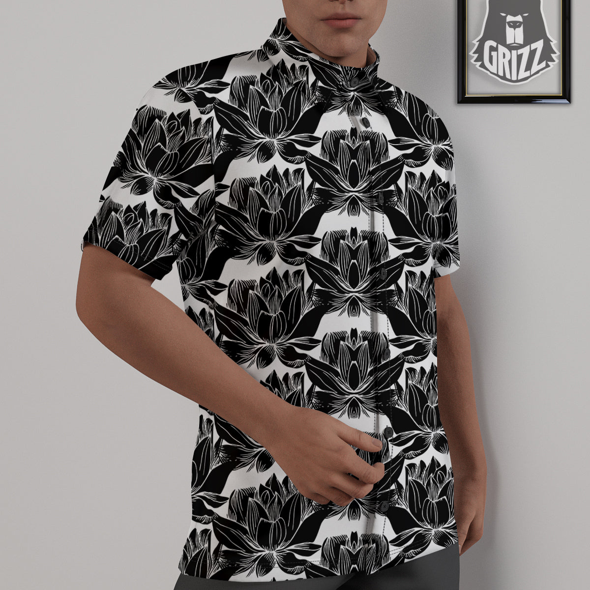 Lotus White And Black Print Pattern Untucked Shirts-grizzshop