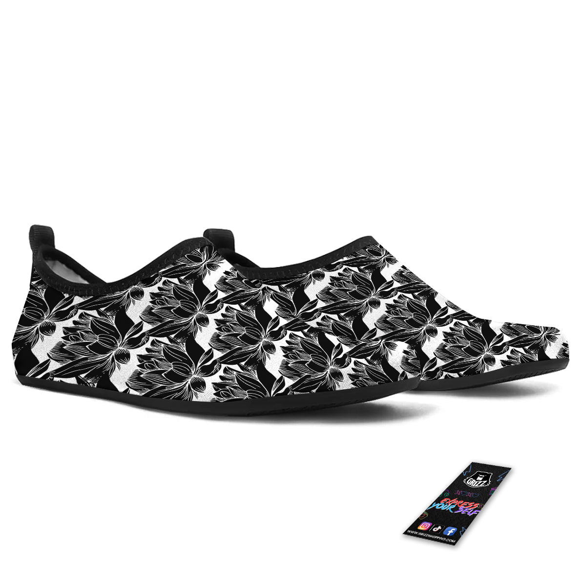 Lotus White And Black Print Pattern Water Shoes-grizzshop