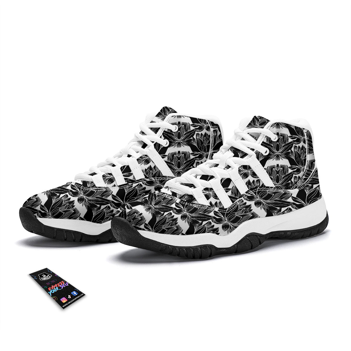 Lotus White And Black Print Pattern White Bball Shoes-grizzshop