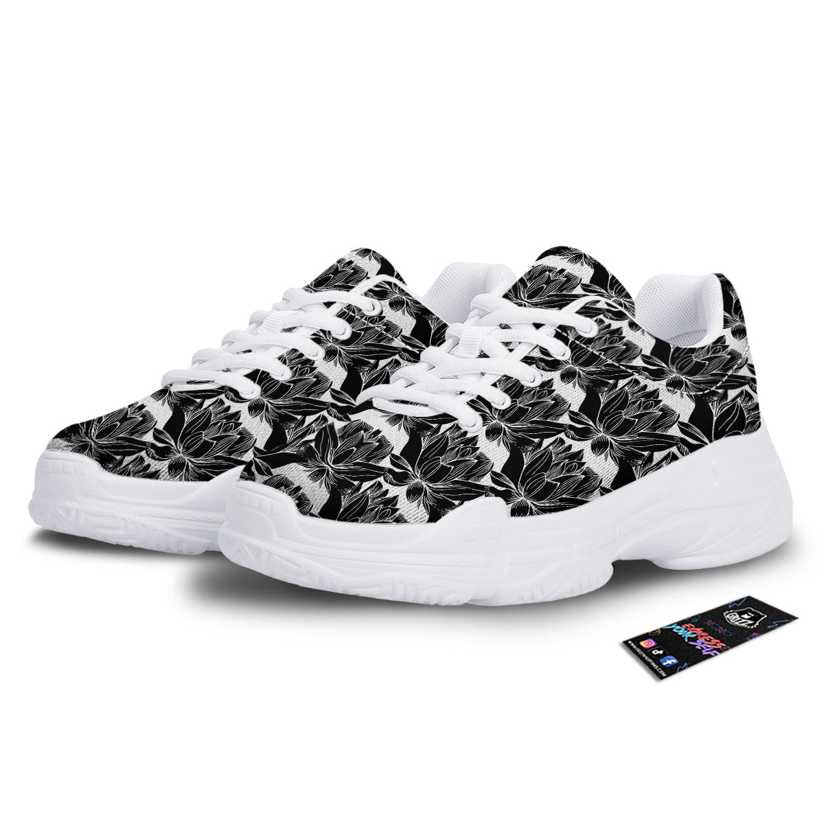 Lotus White And Black Print Pattern White Chunky Shoes-grizzshop