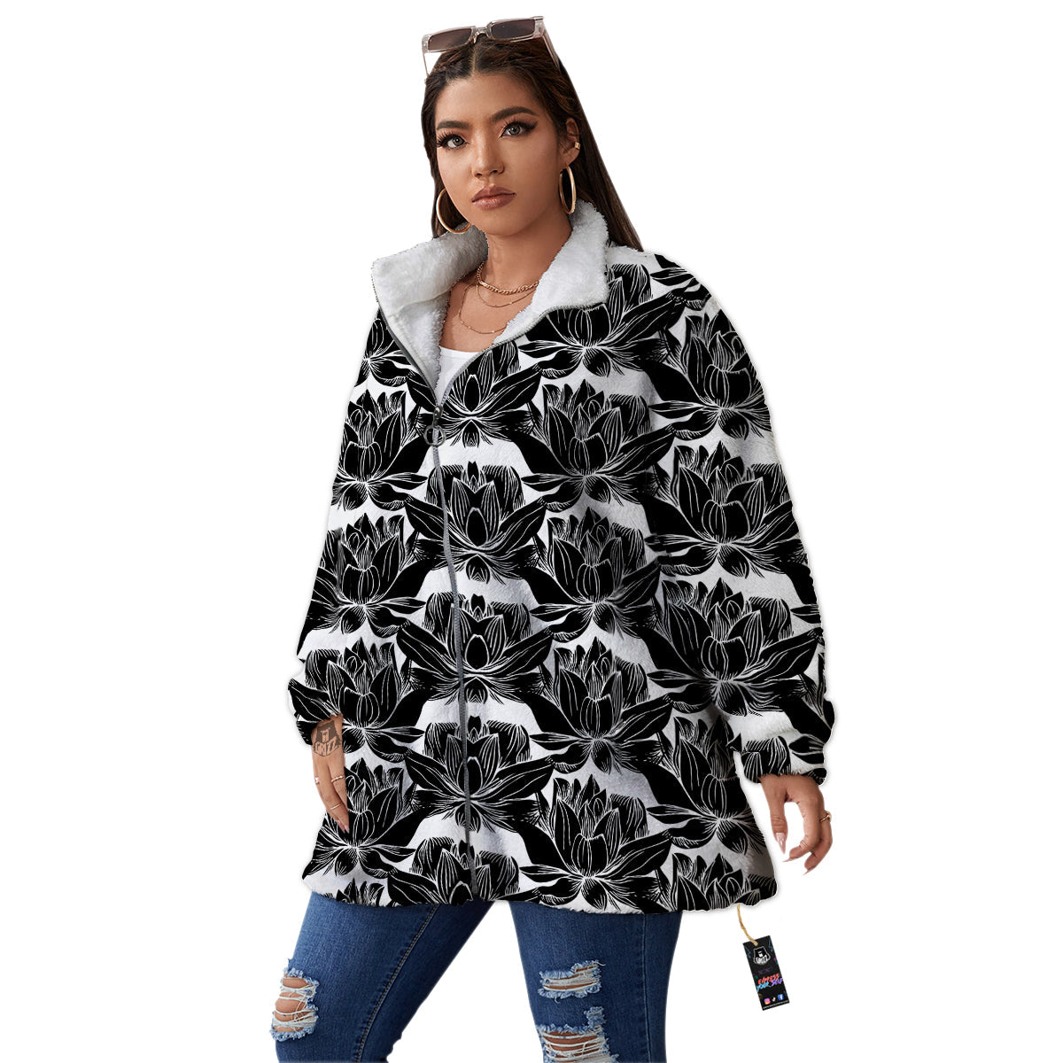 Lotus White And Black Print Pattern Women's Sherpa Jacket-grizzshop