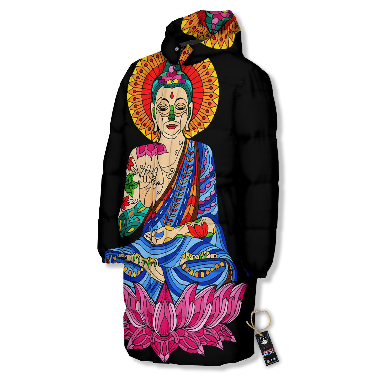 Lotus Buddha Colorful Print Long Down Jacket