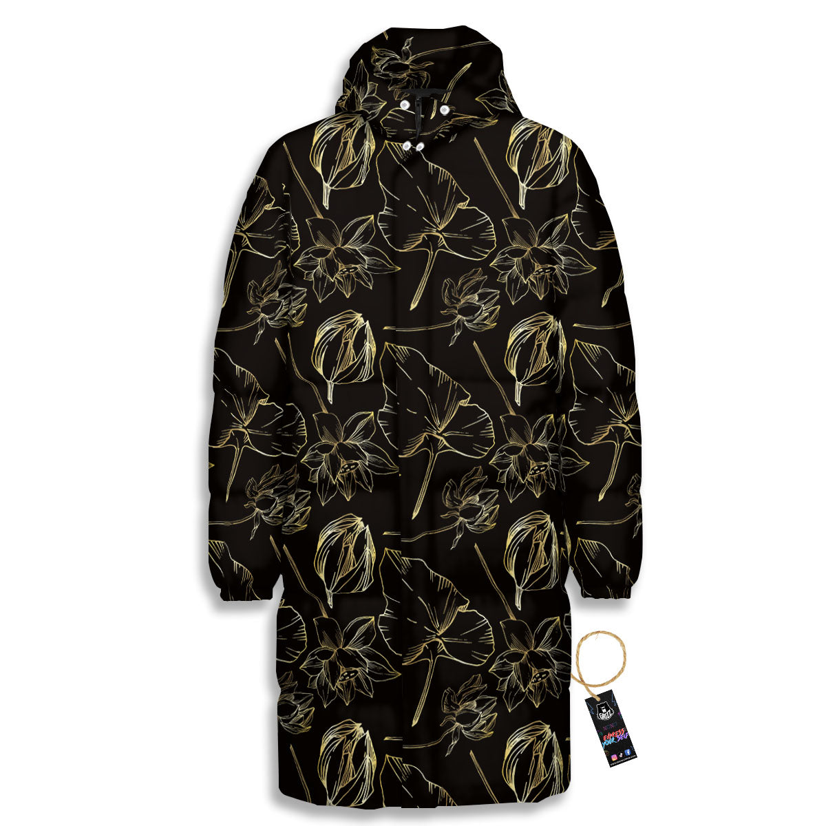 Lotus Flower Gold And Black Print Long Down Jacket