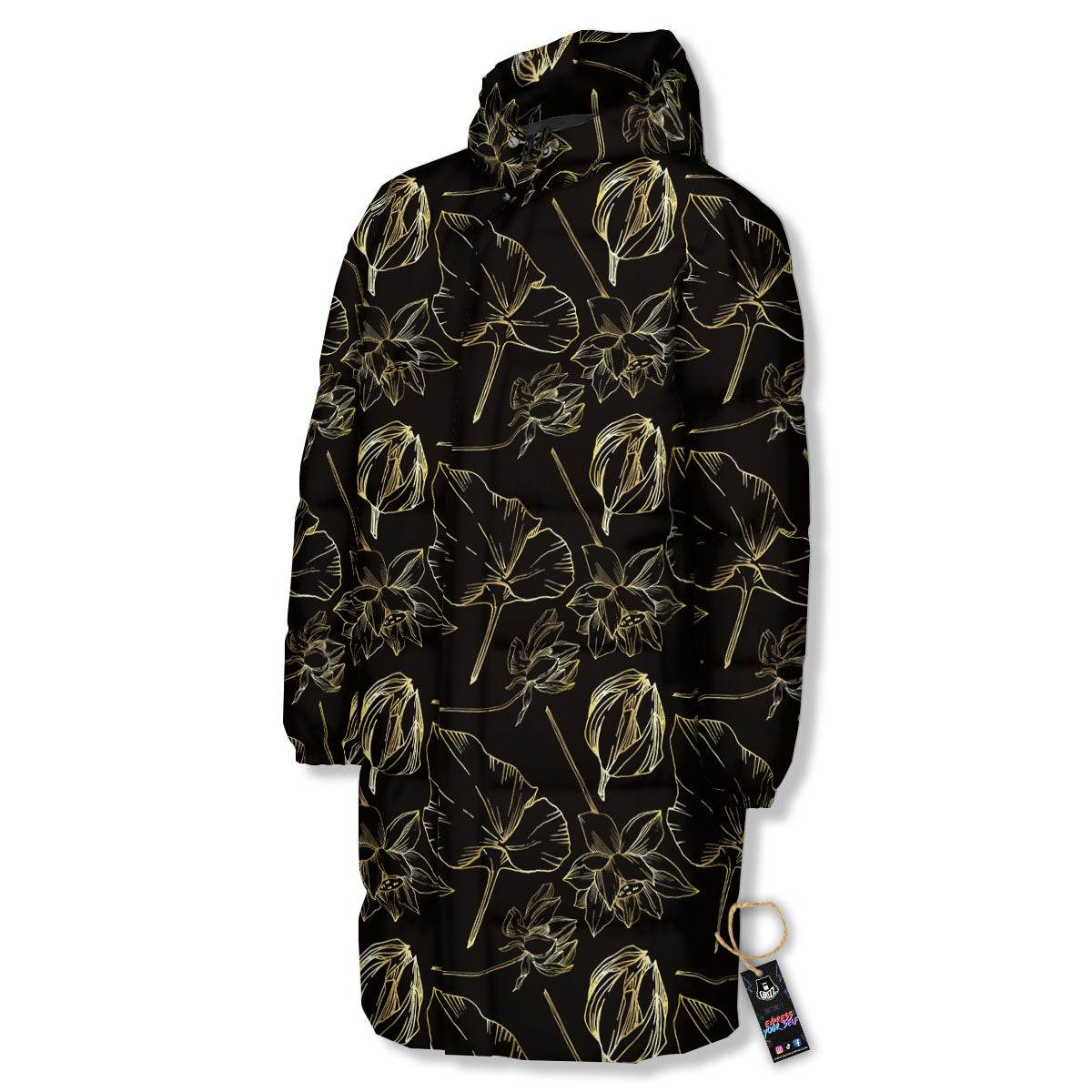 Lotus Flower Gold And Black Print Long Down Jacket