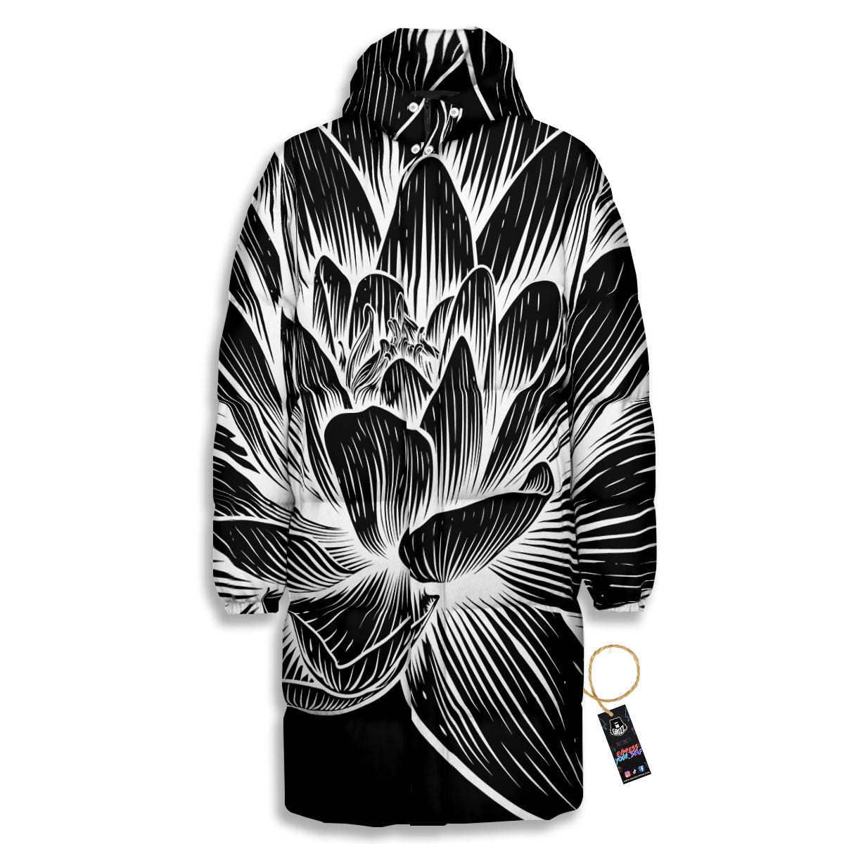 Lotus Flower White And Black Print Long Down Jacket