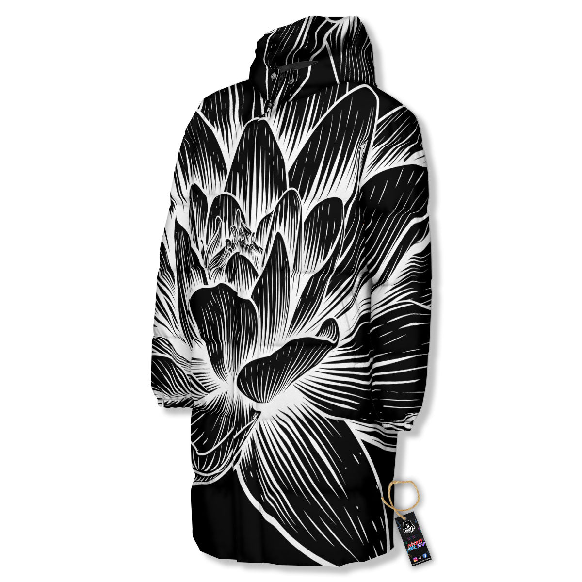 Lotus Flower White And Black Print Long Down Jacket