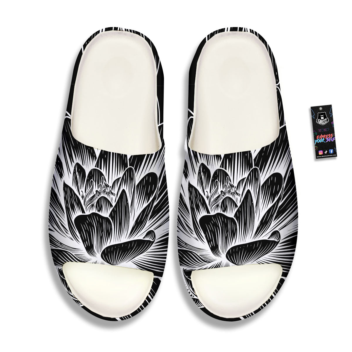 Lotus Flower White And Black Print Sandals-grizzshop