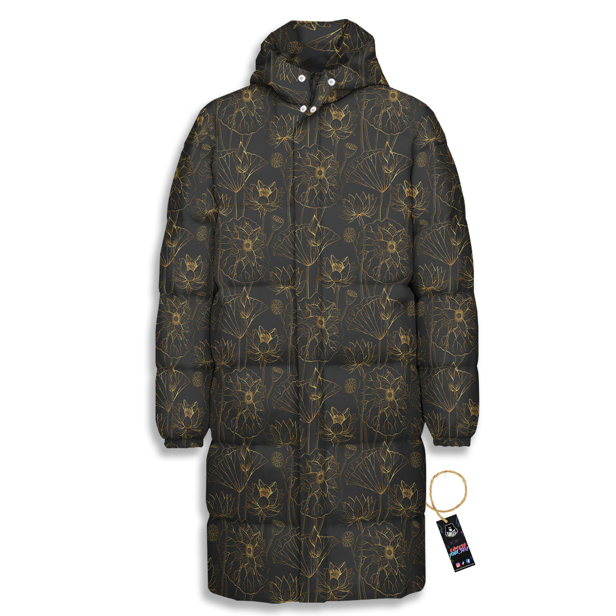 Lotus Gold And Black Print Pattern Long Down Jacket