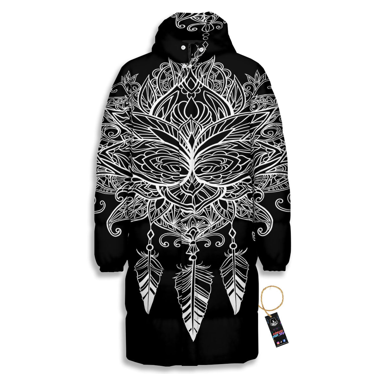 Lotus Mandala White And Black Print Long Down Jacket