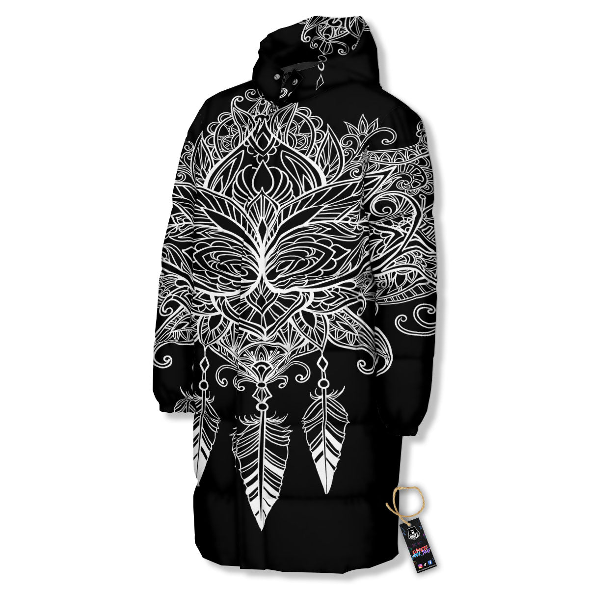 Lotus Mandala White And Black Print Long Down Jacket