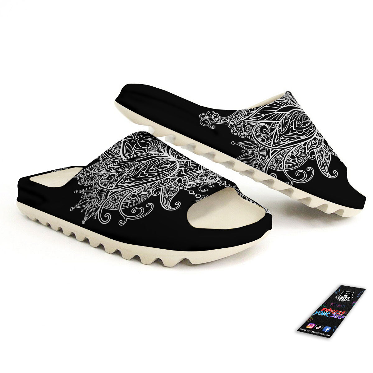 Lotus Mandala White And Black Print Sandals-grizzshop